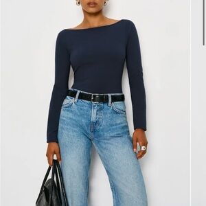 Reformation Navy Boatneck Long-Sleeve Top